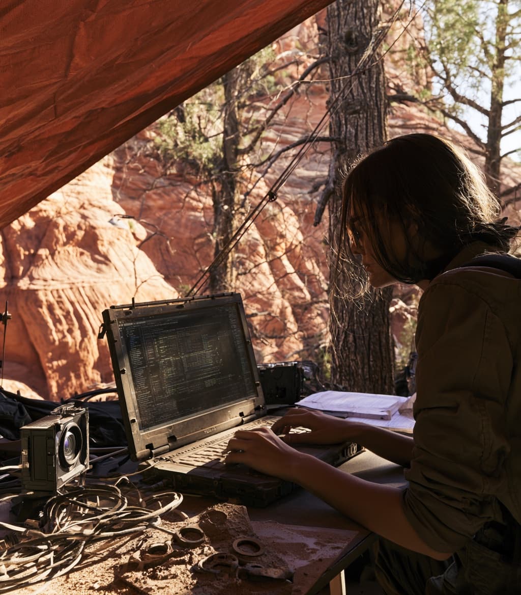 Engineer working at a computer in a desert field station