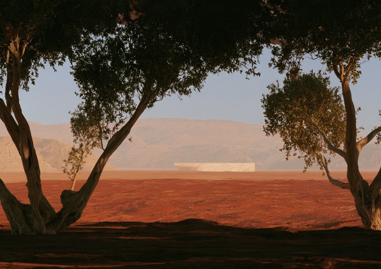 A pale slab in the distance beyond shadowed desert trees