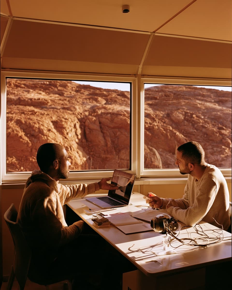Two teammates working together inside a desert field station